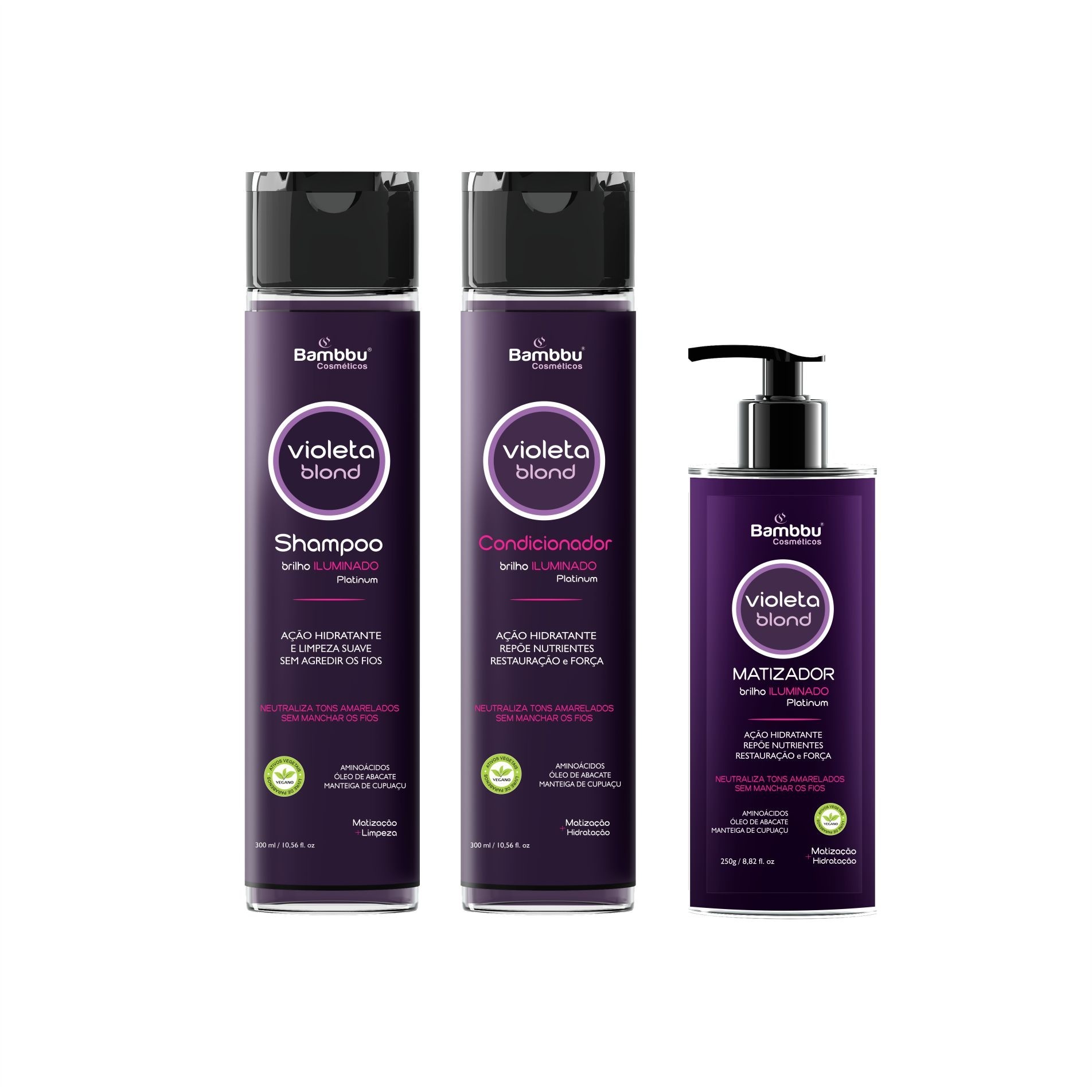 Kit Violeta Desamarelador para cabelos Loiros, Descoloridos e com Luzes - Shampoo, Condicionador e matizador desamarelador