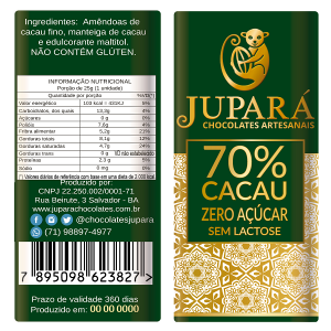 Chocolate Jupará 70% Cacau Zero Açúcar - Sem Lactose - 20g