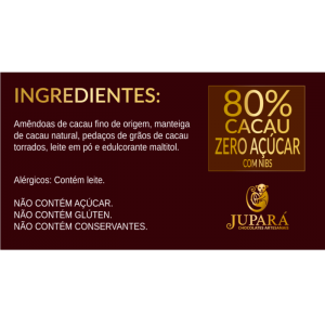 Chocolate Jupará 80% Cacau com nibs - Sem Açúcar - 500g