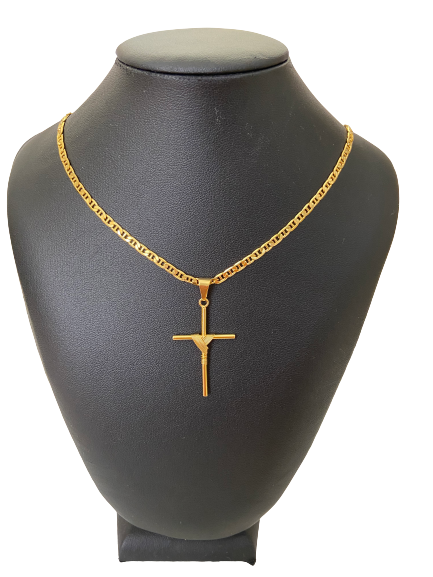 Corrente Masculina Banhada A Ouro 65 cm  Modelo Piastrine + Pingente de Crucifixo