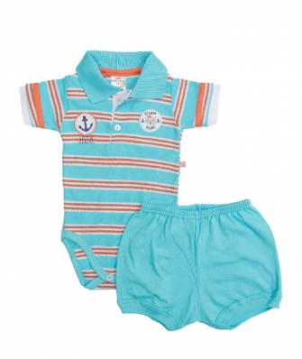 Conjunto body polo e shorts Best Club Baby azul turquesa com bordado marinheiro
