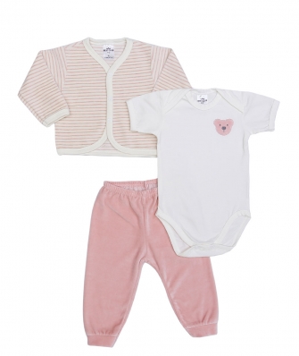 Kit 3 peças body manga curta, calça e casaco plush Best Club Baby listrado creme e rosa claro com bordado urso