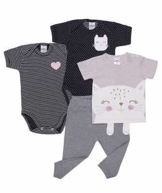 Kit 4 peças camiseta e body manga curta e calça Best Club Baby rosa, cinza e preto com bordado de flor