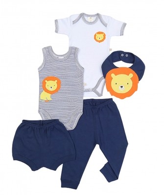 Kit 5 peças body, calça, shorts e babador Best Club Baby azul marinho e branco com bordado leão
