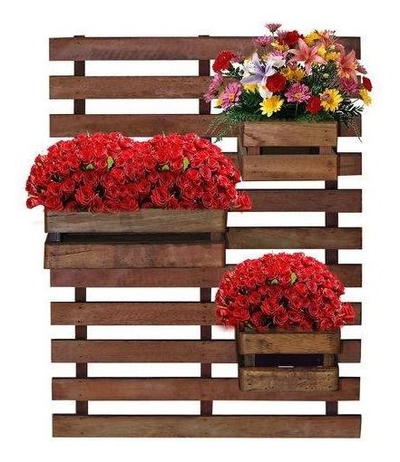 Treliça Painel Floreira de madeira jardim vertical com 3 cachepôs 60x80