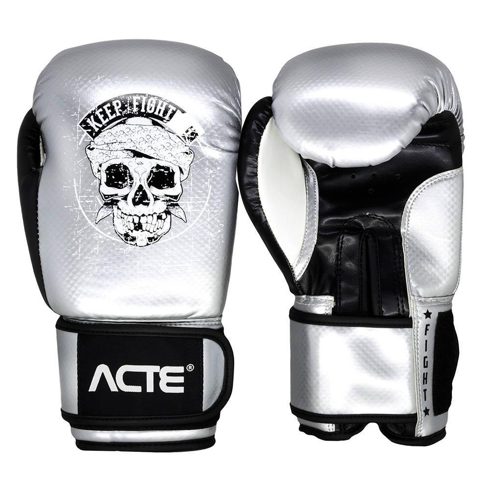 Luva de Boxe e Muay Thai Premium - Caveira - Prata - 16oz - P14-16 - Acte Sports 