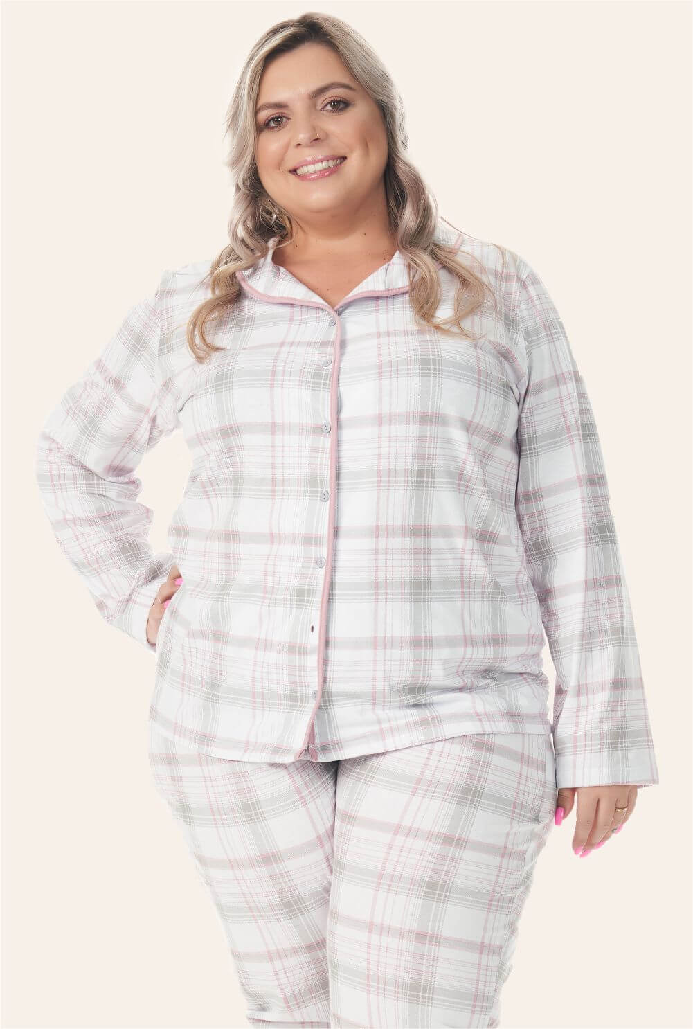 022/D - Pijama Americano Adulto Feminino Plus Size Rosa Xadrez - Bela Notte