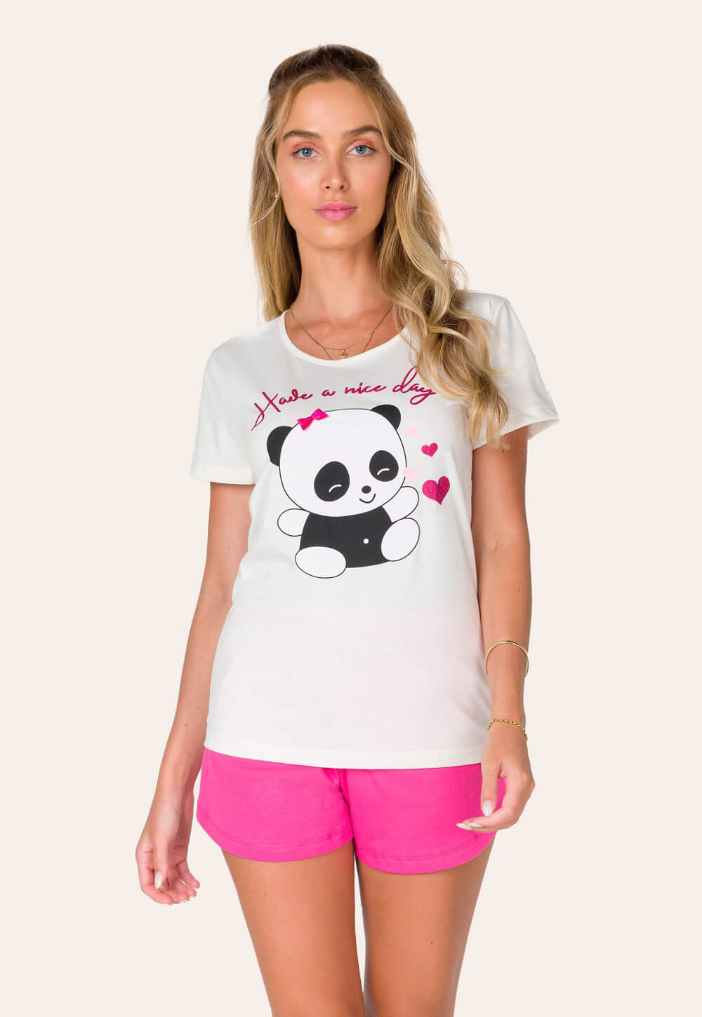 033/D - Pijama Adulto Feminino Off White Ursinho Panda - Bela Notte