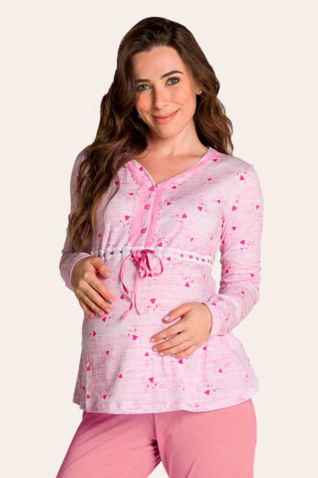 210/E - Pijama Maternidade Gatinho Rosa