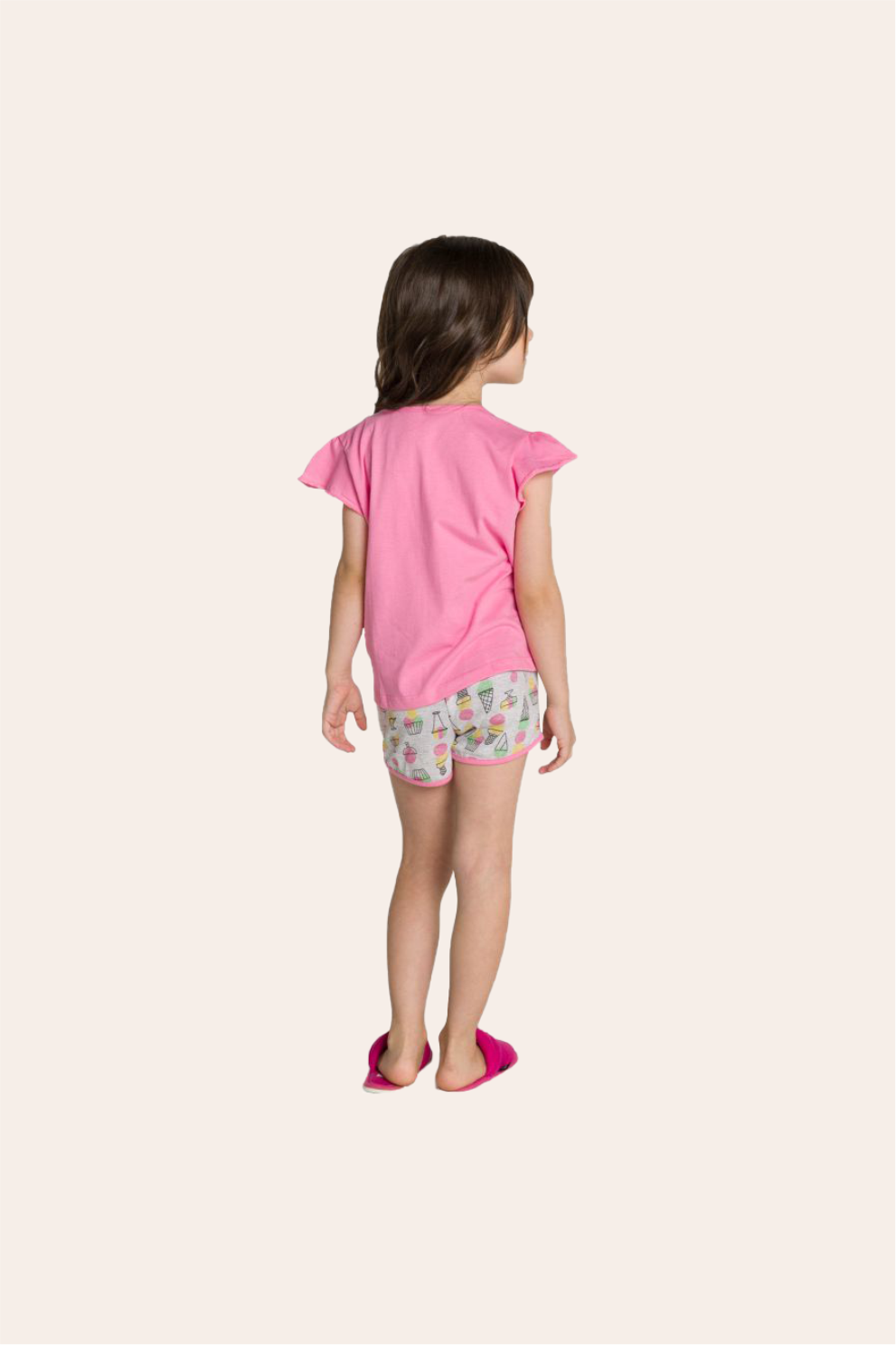 128/F - Pijama Infantil Feminino Curto com Babado e Estampa Glitter - Mãe e Filha