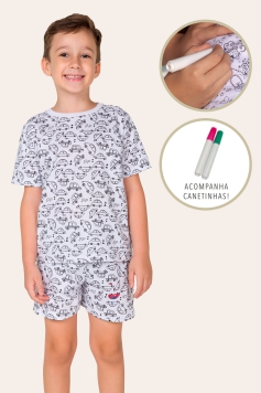 105/B - Pijama Infantil Masculino Branco Carros Para Colorir - Bela Notte