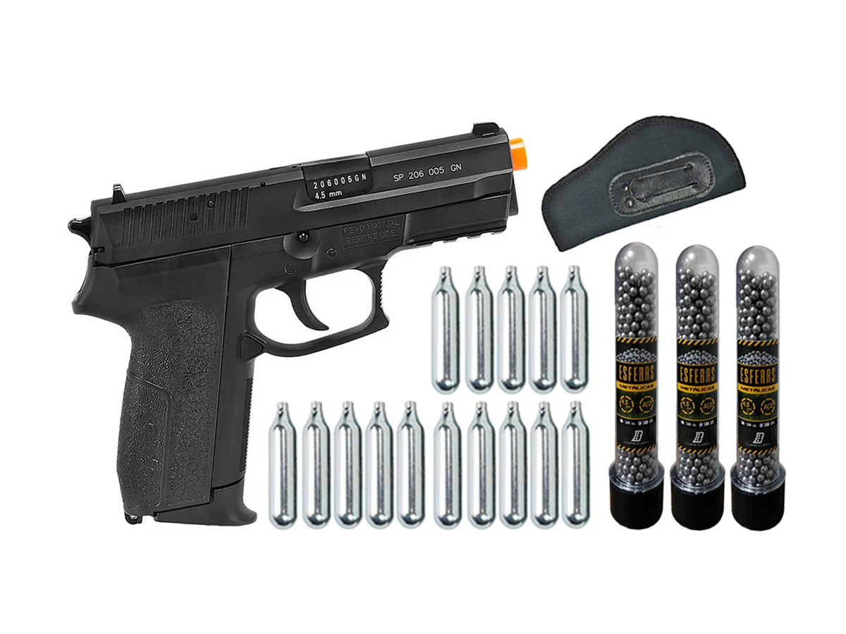 Pistola de Pressão Sig Sauer SP2022 Co2 Cybergun 4.5mm + 15 Cilindros de Co2 + 3 Pack com 500 Esferas de Aço 4,5mm loja Blowback + Coldre velado