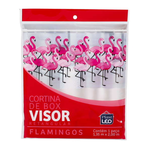 Cortina Box Banheiro 1,35x2,00 C/ Visor E Ganchos - Flamingo