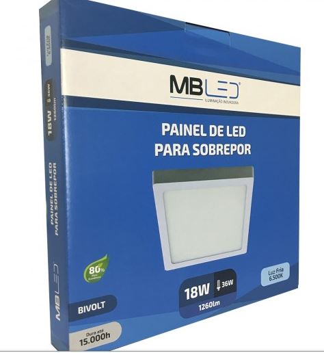 Painel Led sobrepor 18w 6500k branco frio- MB LED