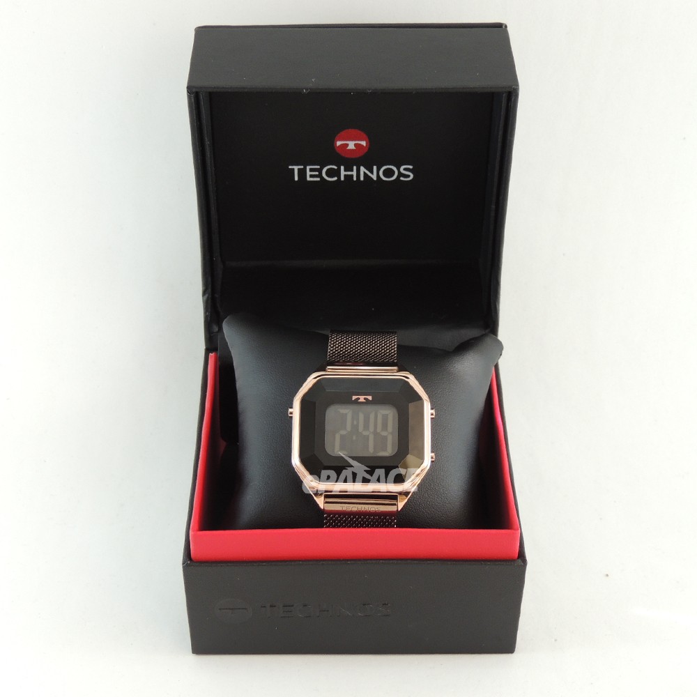 Relógio Feminino Technos Crystal Rosê Quadrado Digital À Prova D'água Pulseira Marrom BJ3851AN/1P