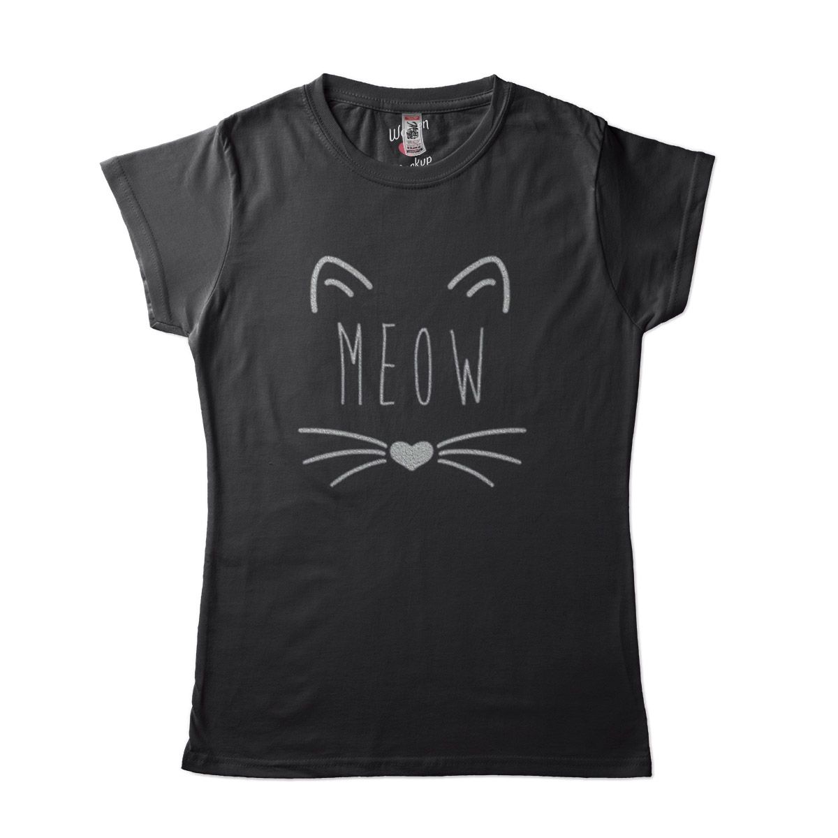 camiseta gato meow estampado feminina preta