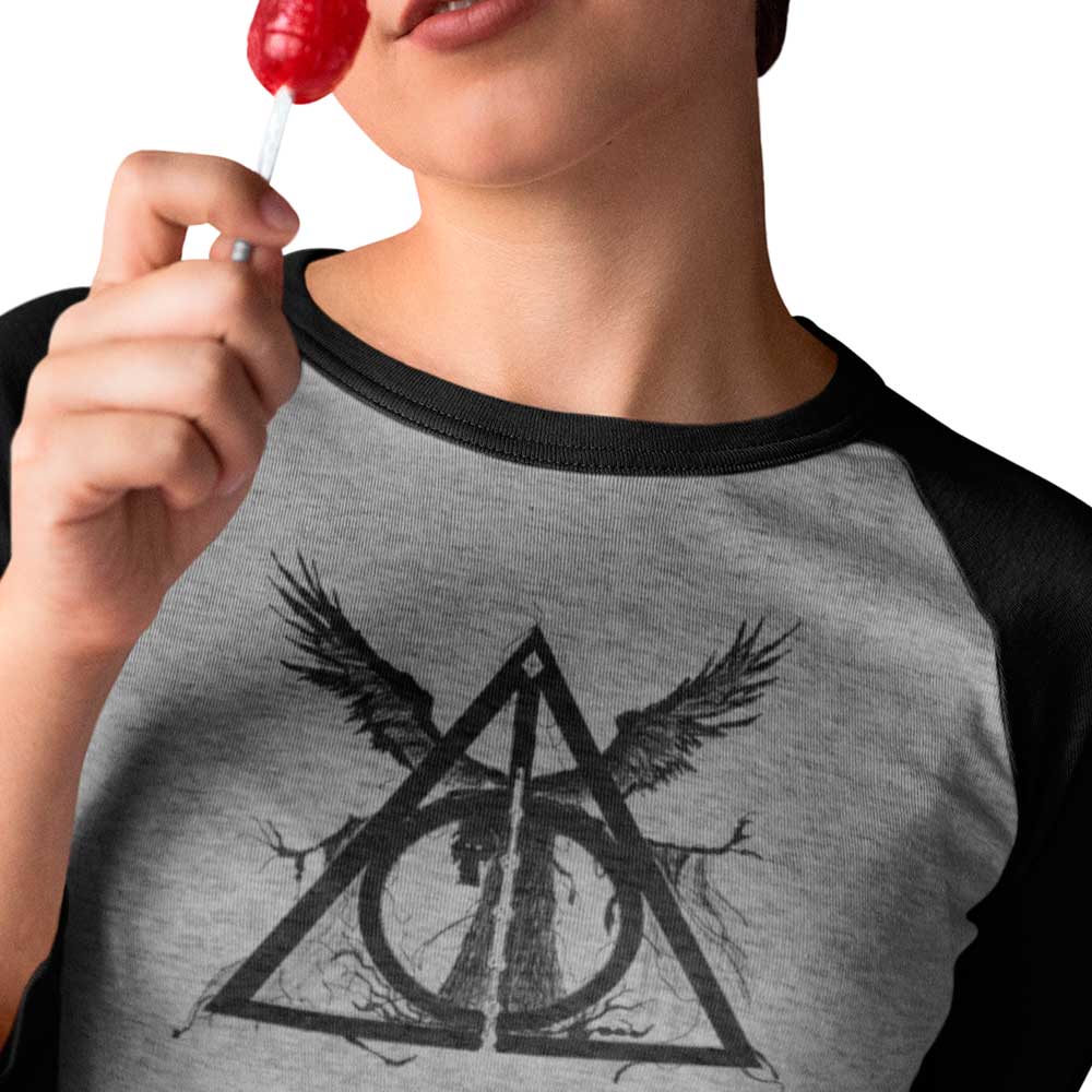 Camiseta Harry Potter Masculina Reliquias da morte Raglan manga curta