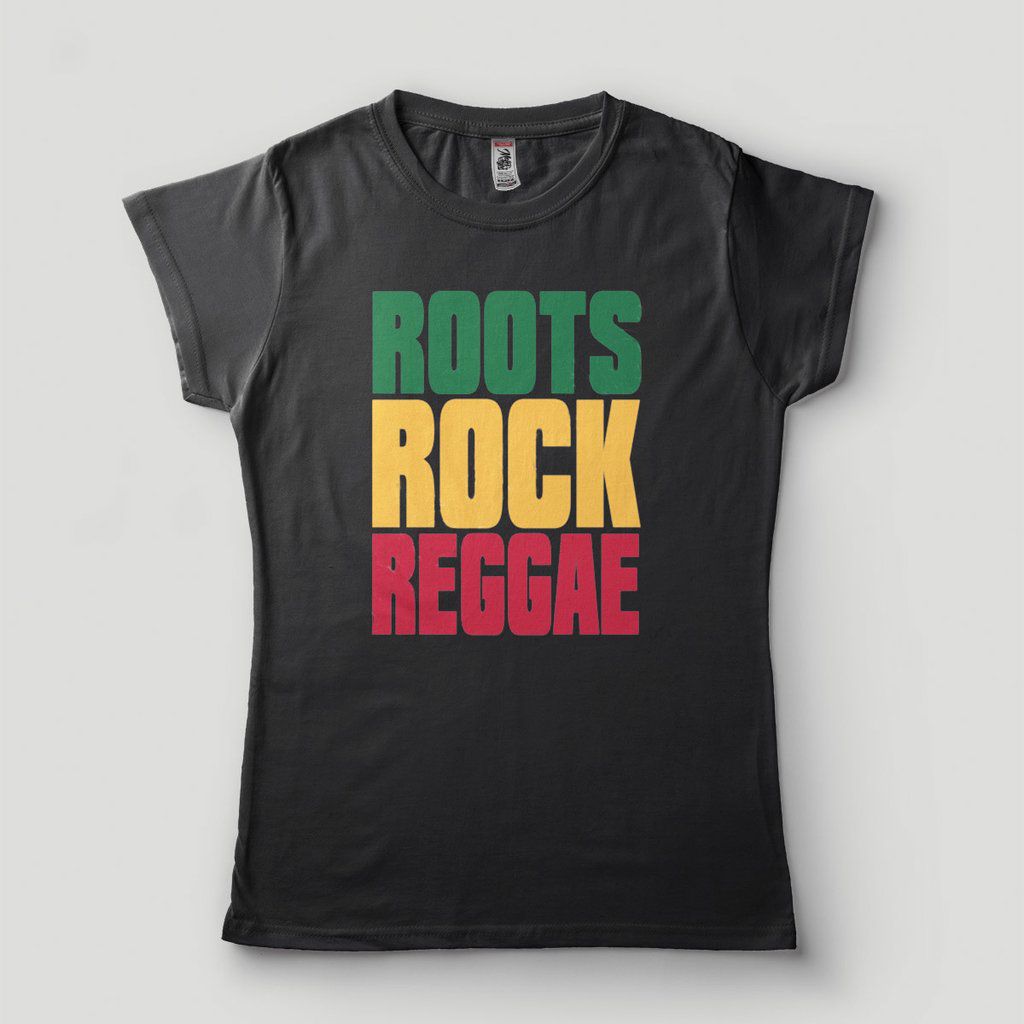 Camiseta Roots Rock Reggae feminina Preta Cores Rasta