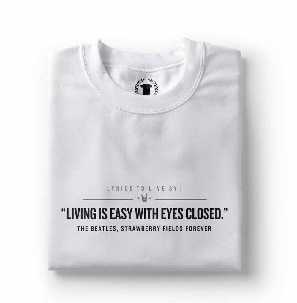 camiseta com letras de rock olhos fechados