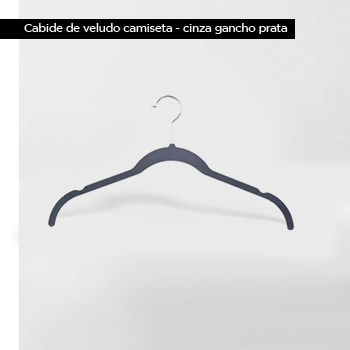 Cabide de veludo Camiseta Adulto - Cinza com gancho prata - Fixel