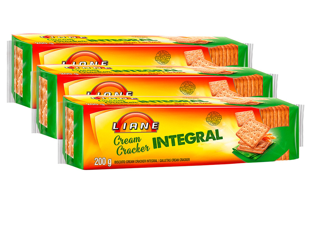 Biscoito Cream Cracker Integral Sem Lactose Liane contendo 3 pacotes de 200g cada