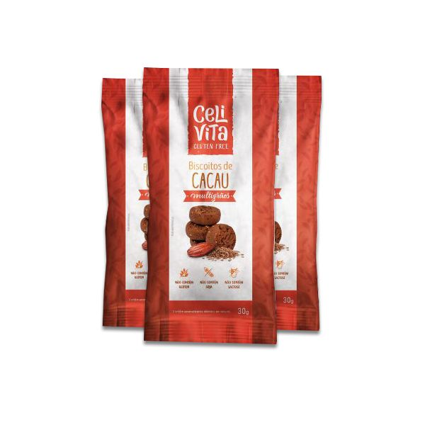 Biscoito de cacau multigrãos sem gluten e sem lactose CeliVita Gluten Free contendo 3 pacotes de 30g cada