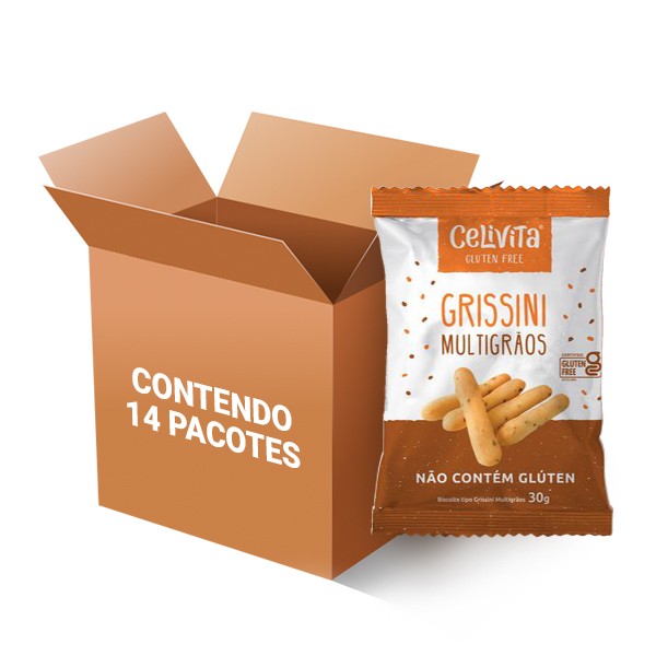 Biscoito Snack Grissini Multigrãos Salgado Zero Glúten Celivita contendo 14 pacotes de 30g cada
