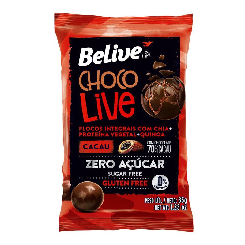 Choco Live Drageados Zero Glúten, Zero Açúcar Cacau Com Chocolate 70% Belive 35g Cada