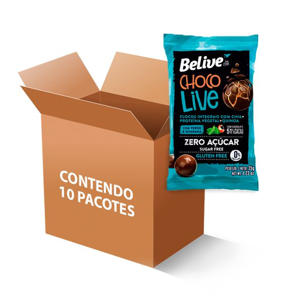 Choco Live Drageados Zero Glúten, Zero Açúcar Chá Verde E Guaraná 51% Belive 10 Pacotes De 35g Cada