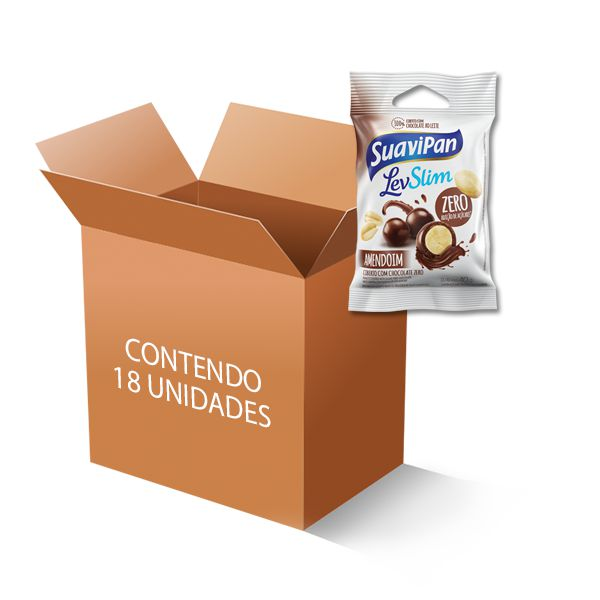 Drageados Zero Açúcar Amendoim coberto com Chocolate Suavipan contendo 18 pacotes de 40g cada