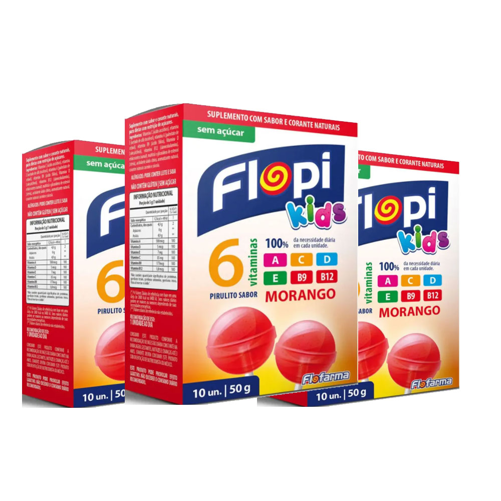 Pirulito Zero Açúcar Flopi Kids Morango contendo 3 caixas com 10 pirulitos cada cx
