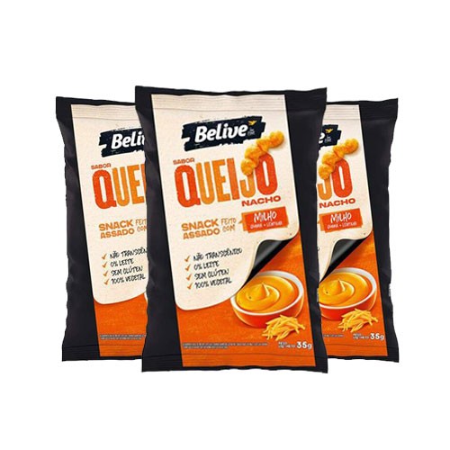 Salgadinho Snack Milho, Quinoa e Lentilha Belive Sem Gluten Queijo Nacho contendo 3 pacotes de 35g cada