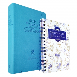 Kit Bíblia de Estudos da Mulher NVT Azul Flores + Diário de Oração Minha Alma