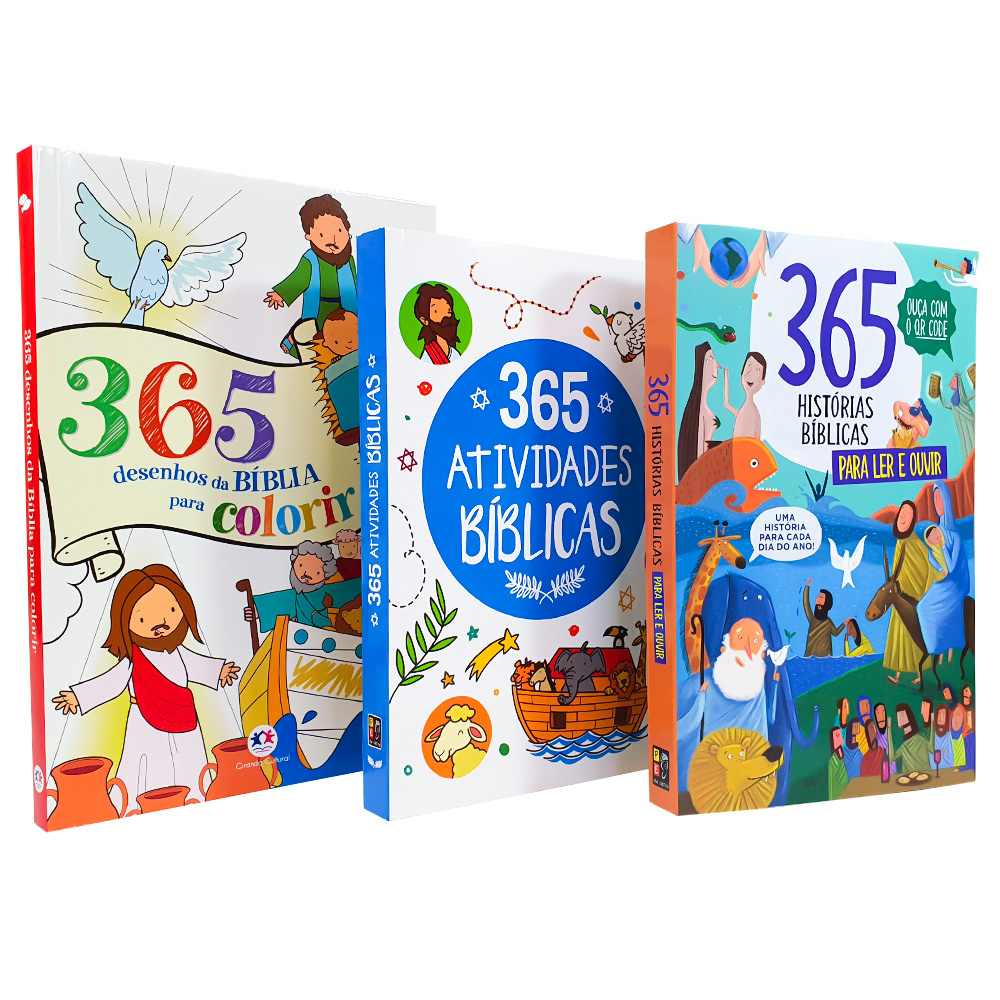 Kit 03 Livros | 365 Histórias Bíblica | 365 Atividades Bíblicas | 365 Desenhos da Bíblia Colorir