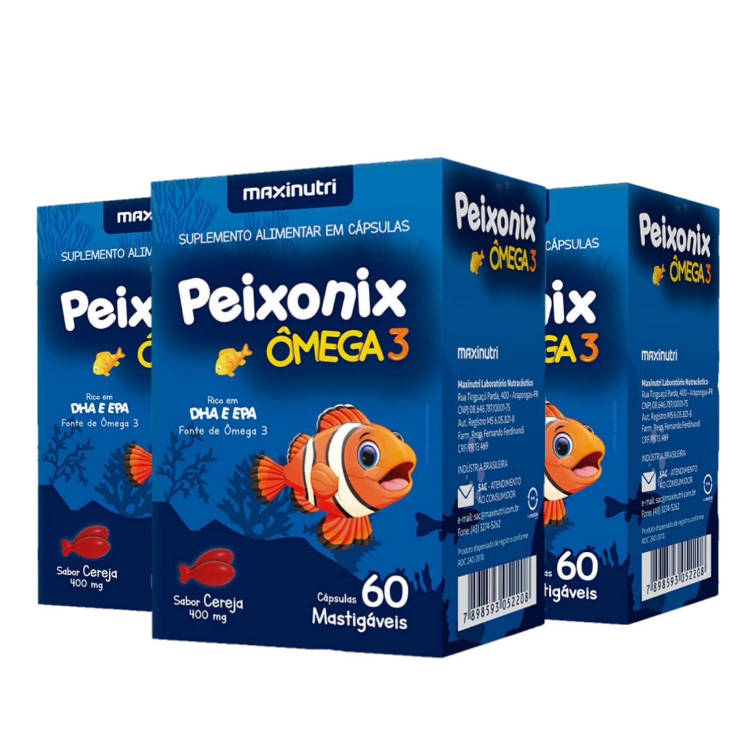 Kit com 3 Peixonix Ômega 3 400mg 60 Cápsulas Mastigáveis Maxinutri