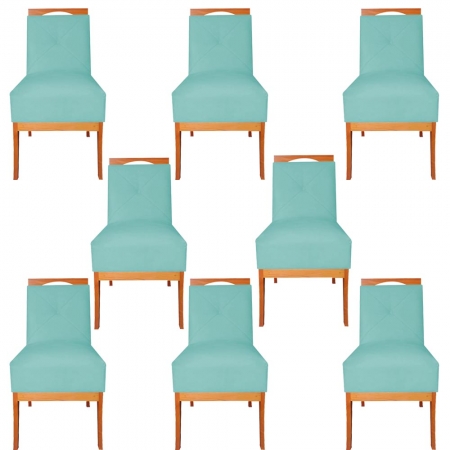 Kit 08 Cadeiras De Jantar Antonela Base em Madeira de Peroba Suede Azul Tiffany - D'Classe Decor