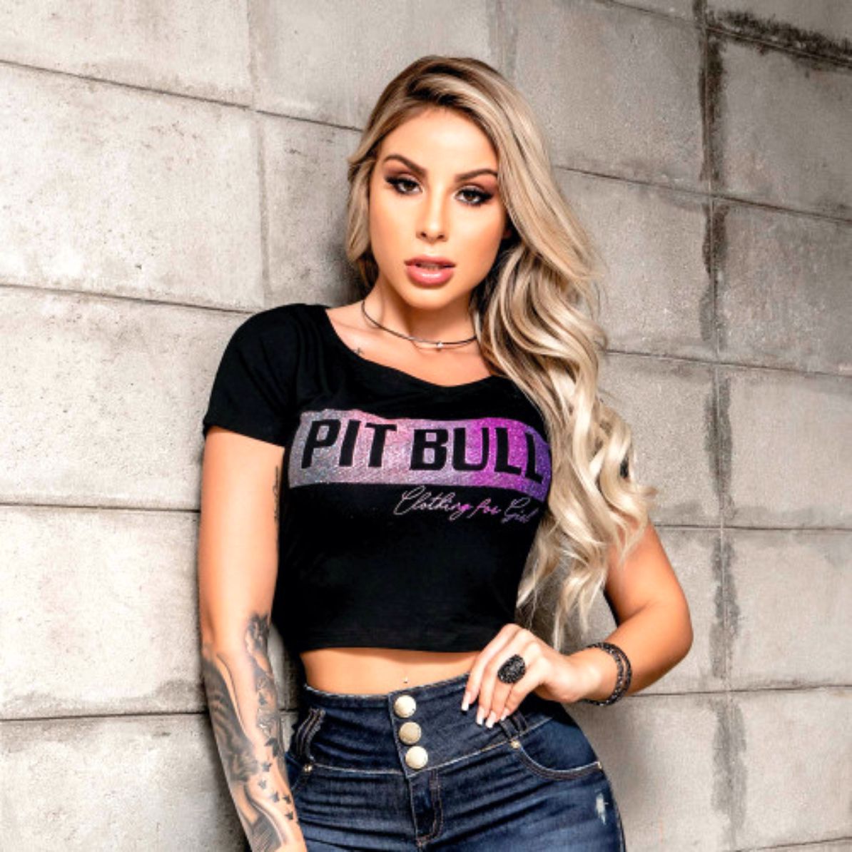 Blusa Pit Bull 34479 Baby Look Cropped Degrade Roxo