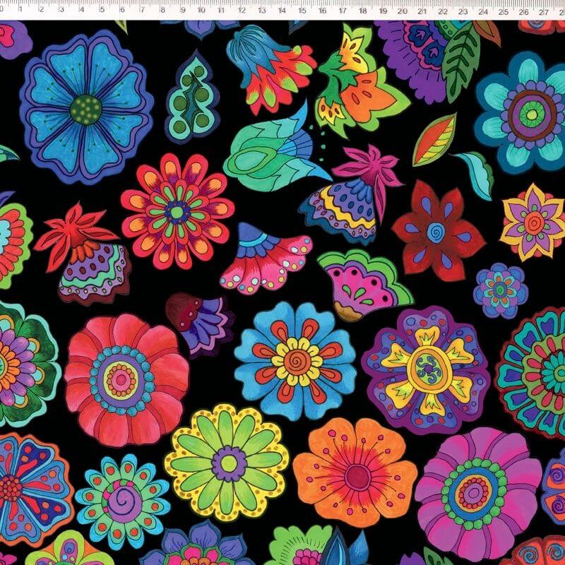 Tecido Tricoline Digital Floral Grande - Fundo Preto - Coleção Sandias Flowers  - 50 cm x 1,50 cm