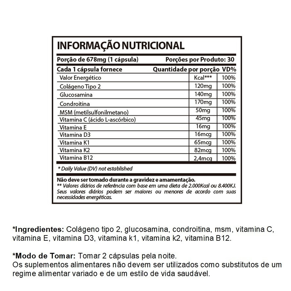 Glucosamina Condroitina - Colágeno Tipo 2 + Vitaminas C, E, D3, K1, K2 e B12 - com 60 cápsulas - Sunfood