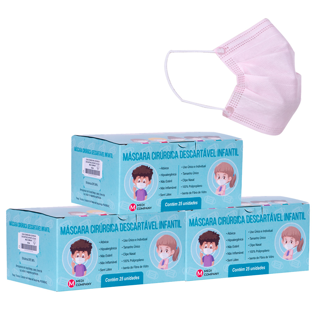 Kit com 3 Caixas - Máscara Cirúrgica Descartável Infantil com Elástico - Cor Rosa - com 25 Unidades - Medi Company