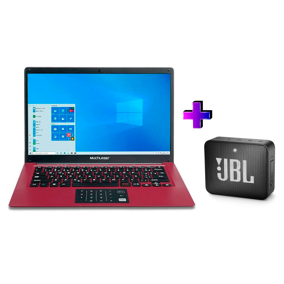 Notebook Multilaser Pc133 Legacy Atom Z8350 Ram 2gb Hd 32gb 14" Windows 10 Home Vermelho + Caixa de som Jbl go2