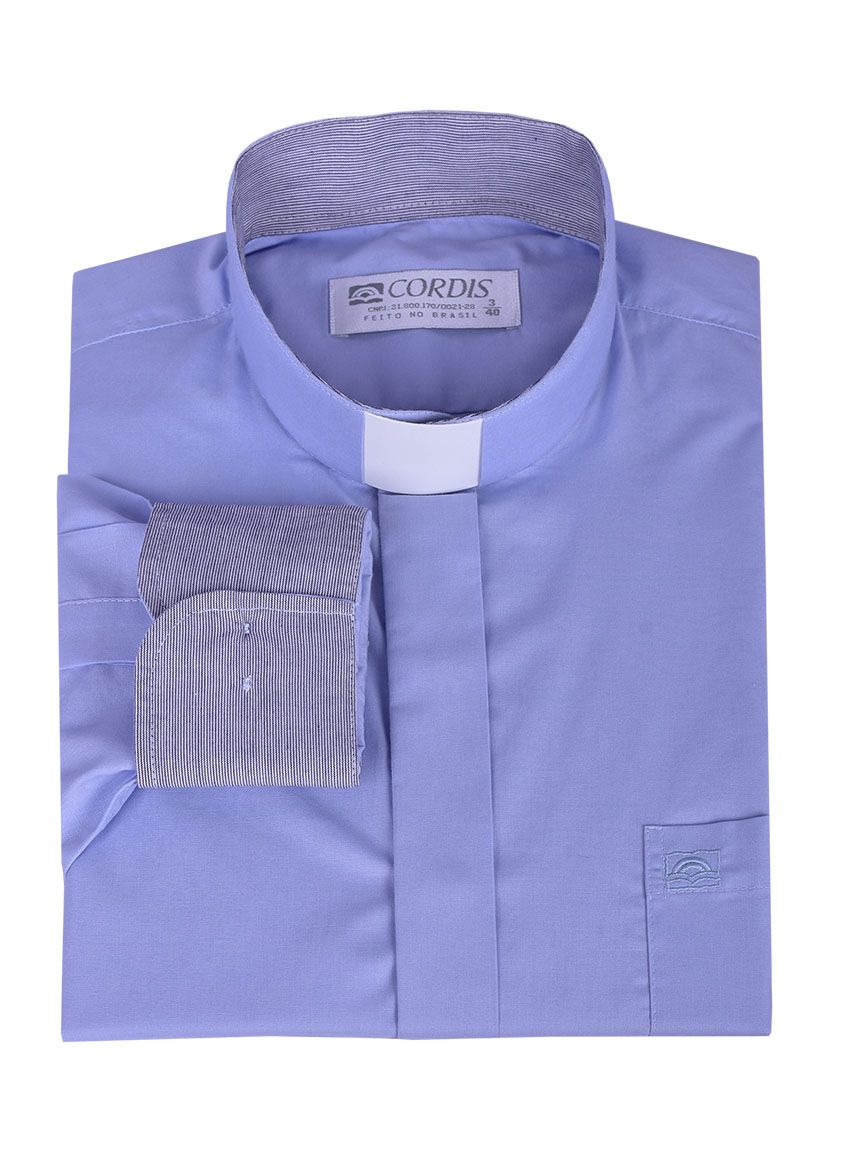 Camisa Clerical Tradicional Manga Larga con detalle Azul
