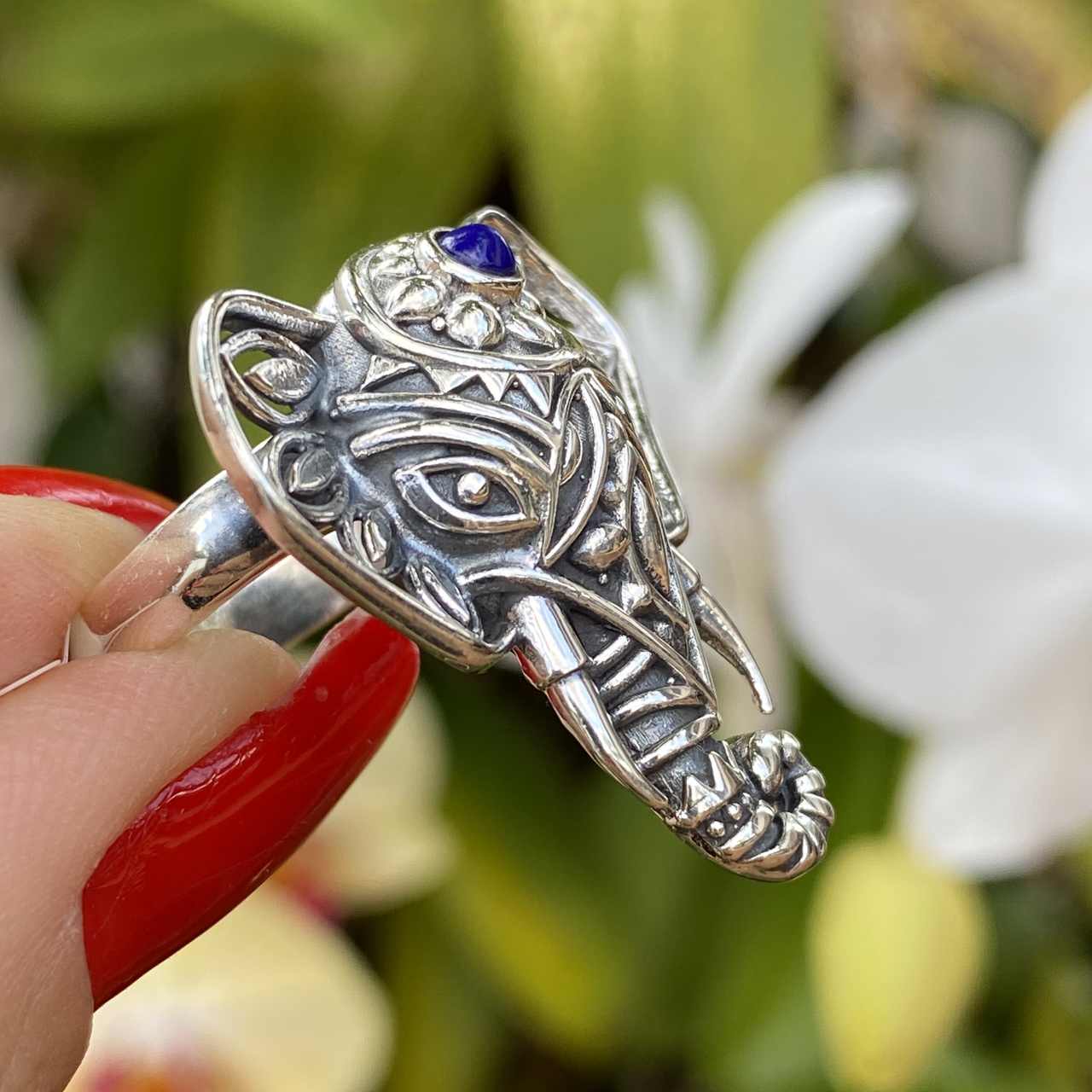 Anel de Prata 925 Cabeça de Elefante Lápis Lazuli Trabalhado