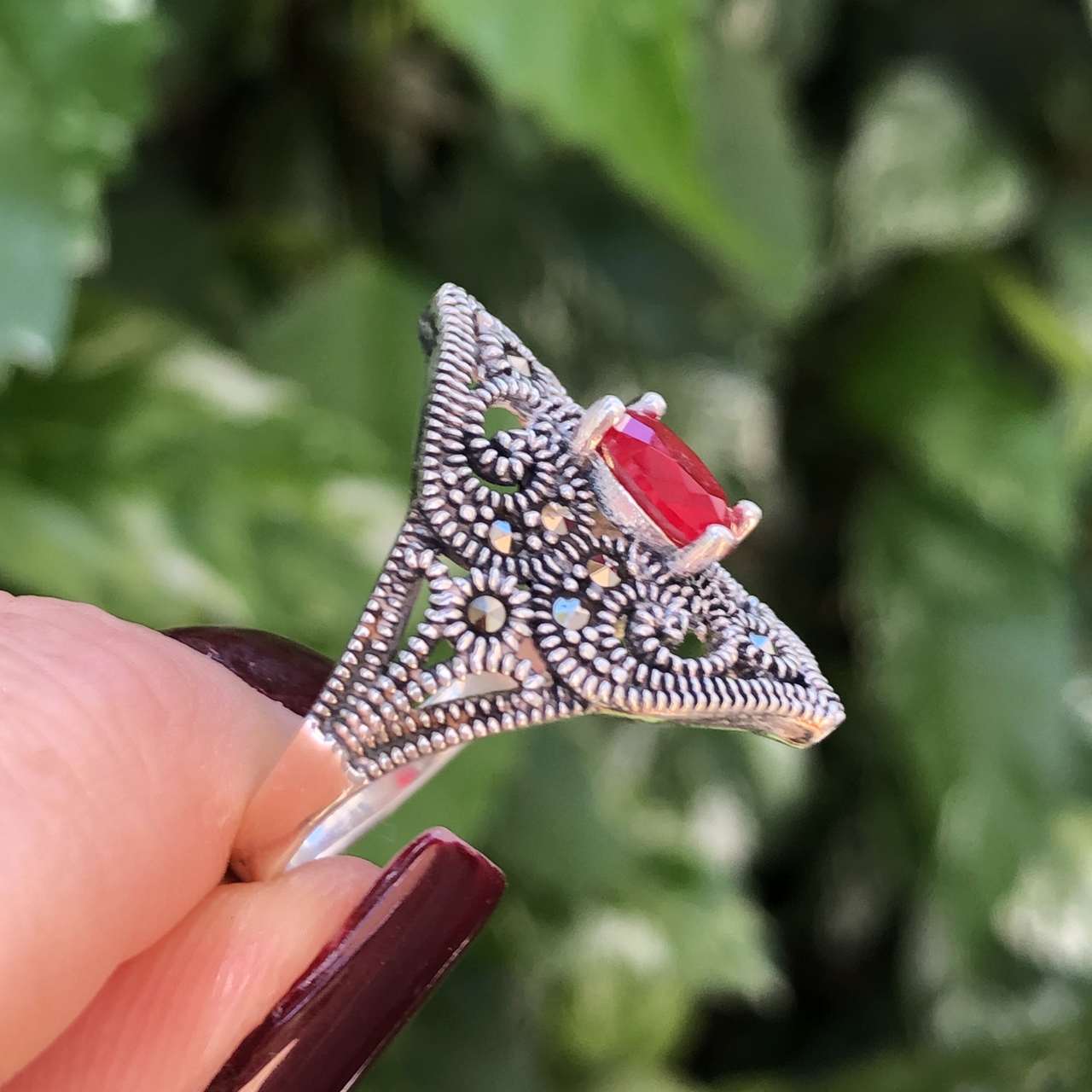 Anel de Prata 925 Triangular Ágata Vermelha e Marcassita