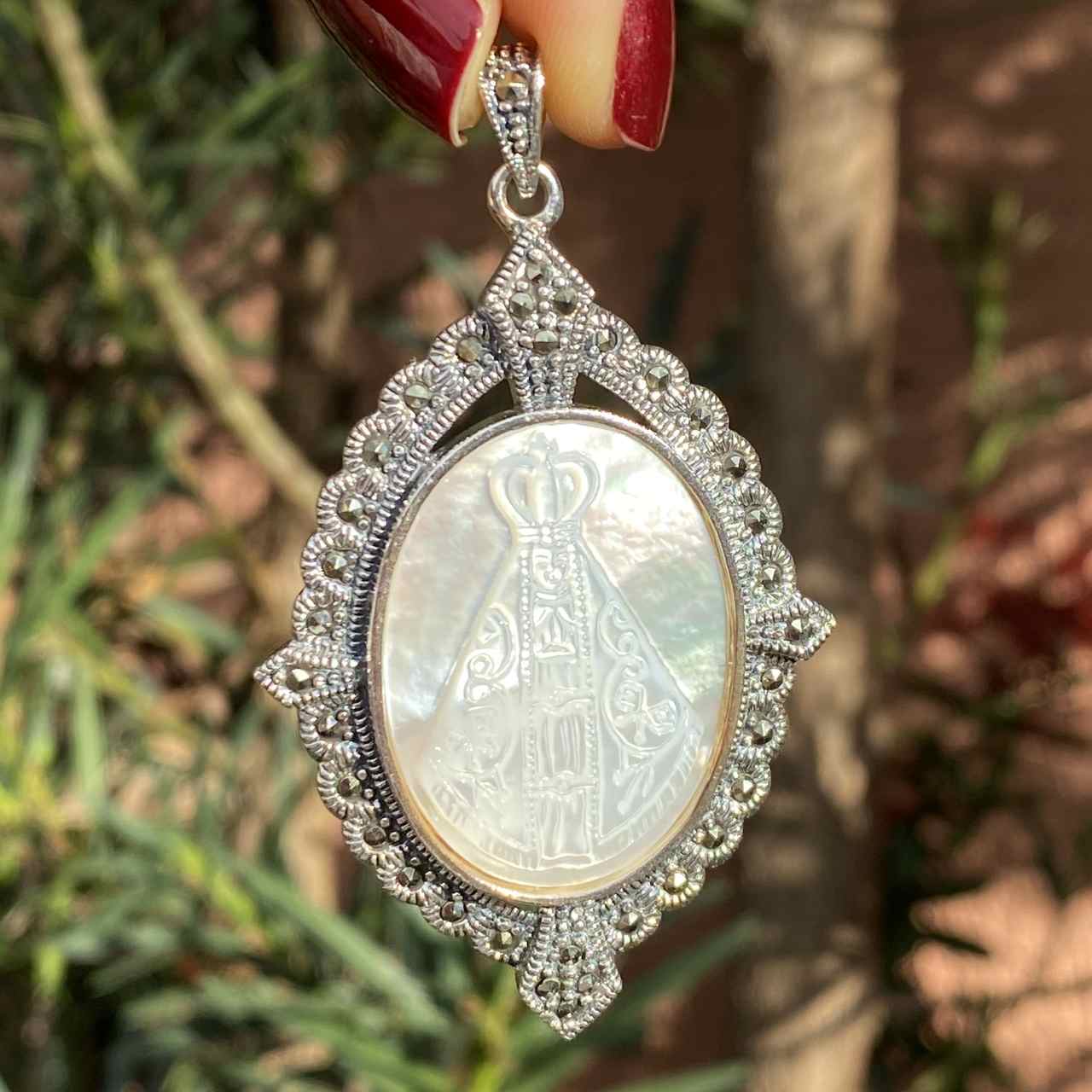 Pingente de Prata 925 Nossa Senhora Madrepérola 6cm
