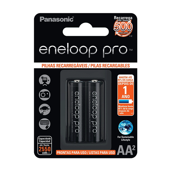 Pilha Recarregável Panasonic Eneloop Pro 2550 mAh | 2 Pilhas AA