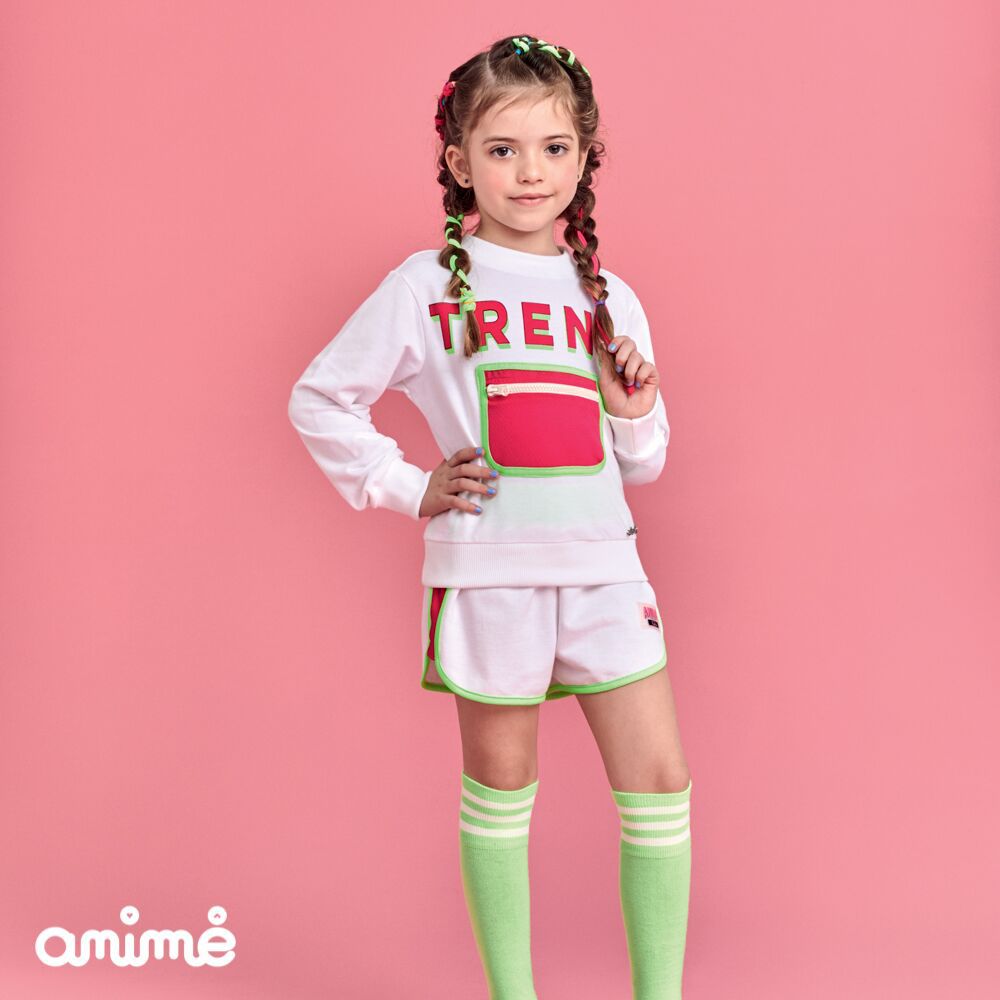 Conjunto Feminino Moletom Infantil Blusa Trend Neon e Shorts Animê