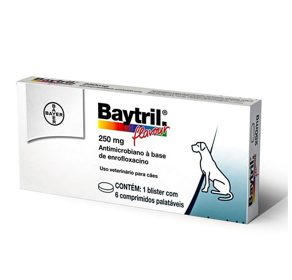 Antibiótico Baytril Flavour 250mg para Cães e Gatos - 06 Comprimidos