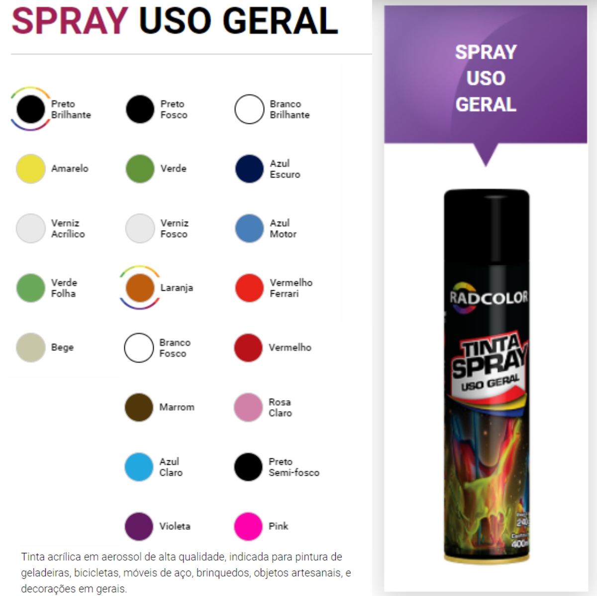 Tinta Spray, Uso Geral, Radcolor 400ml/240gr