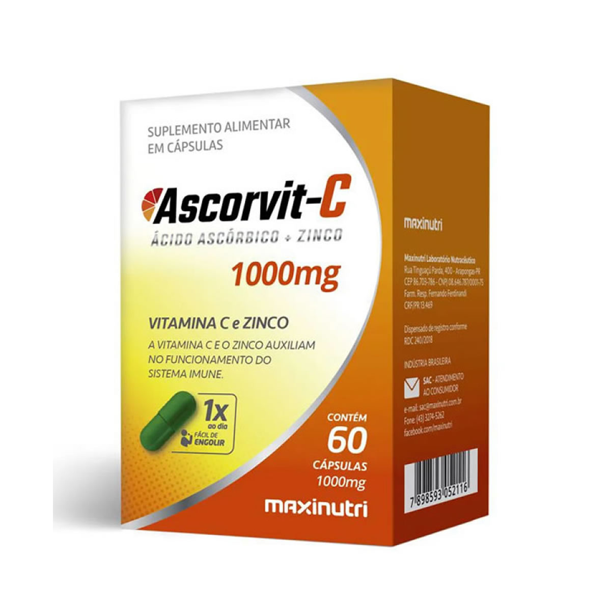 Ascorvit-C 1g (Vitamina C + Zinco) 60 Cápsulas - MaxiNutri